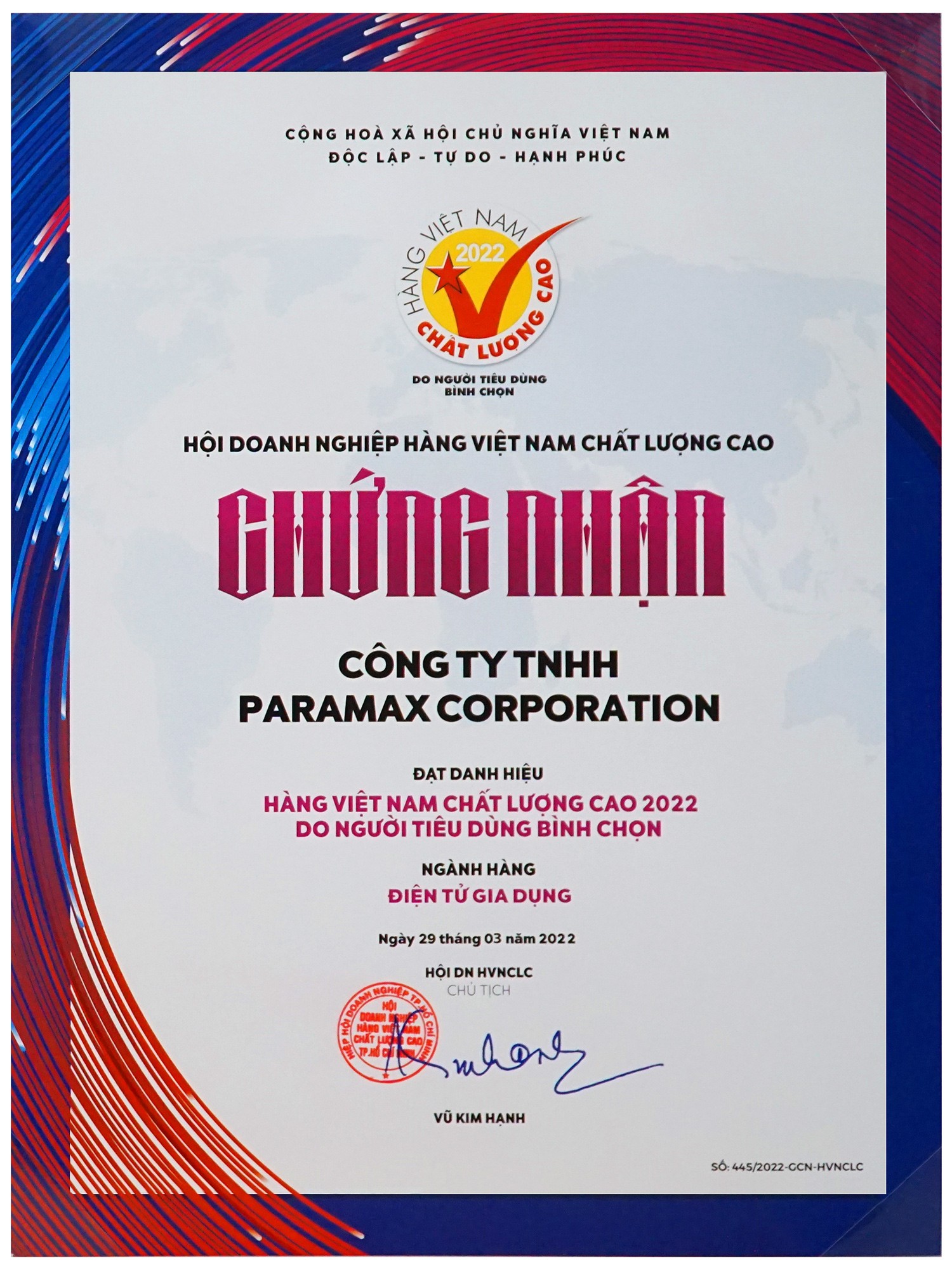 PARAMAX đạt danh hiệu hàng Việt Nam Chất lượng cao 2022